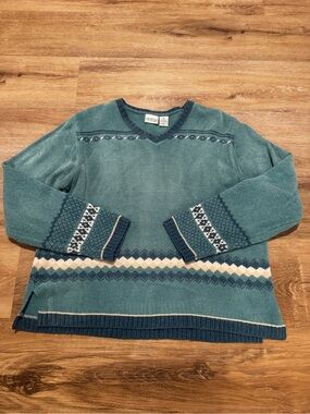 Vintage Carolina Colours Teal Patterned V-Neck Womens Sweater